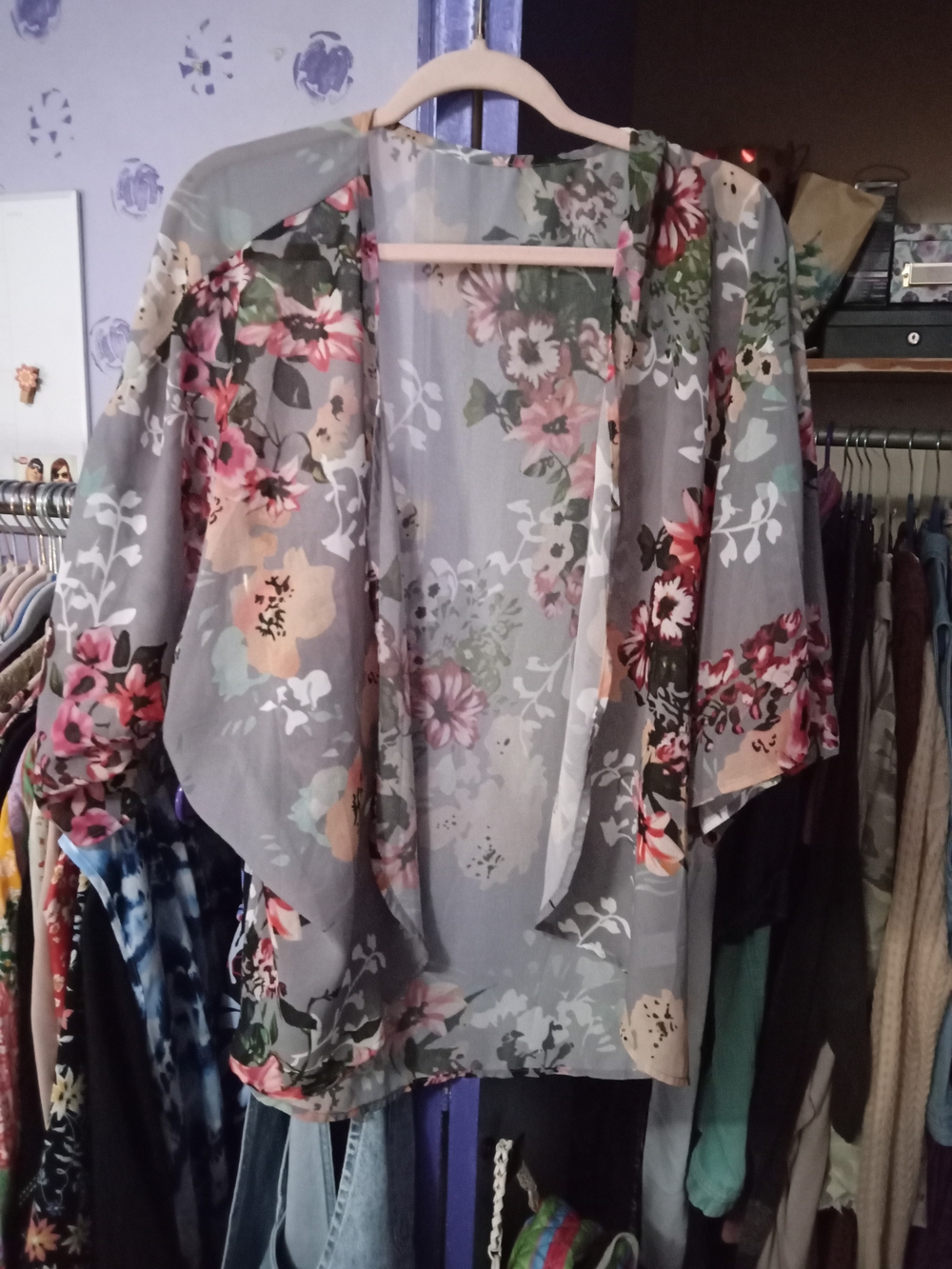Unbranded Sheer Floral Kimono In Gray With Pink & Green Flowers